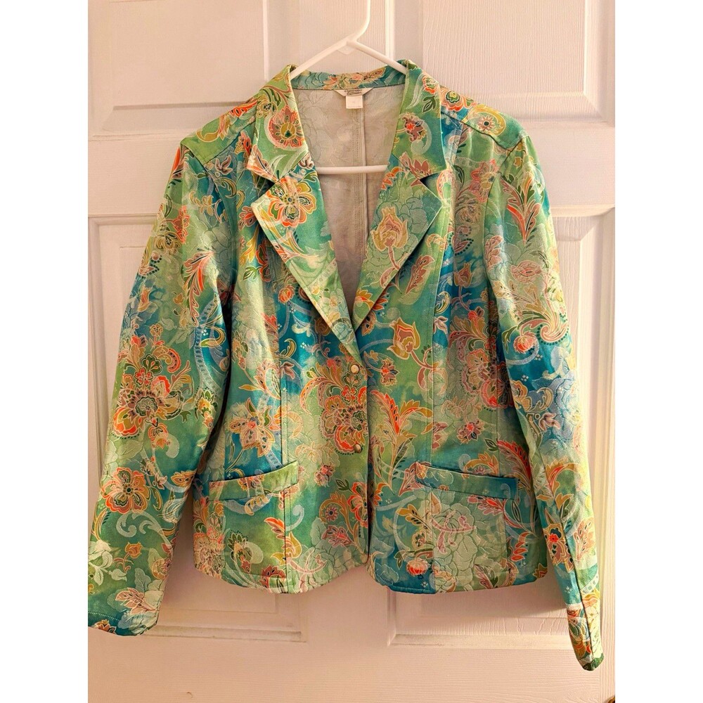 Christopher & Banks Women’s XL Floral Green Blue Pink Button Front Pocket Blazer